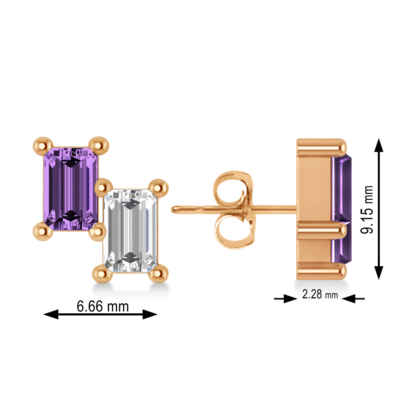 Bar Amethyst & Diamond Baguette Earrings 14k Rose Gold (1.30 ctw)