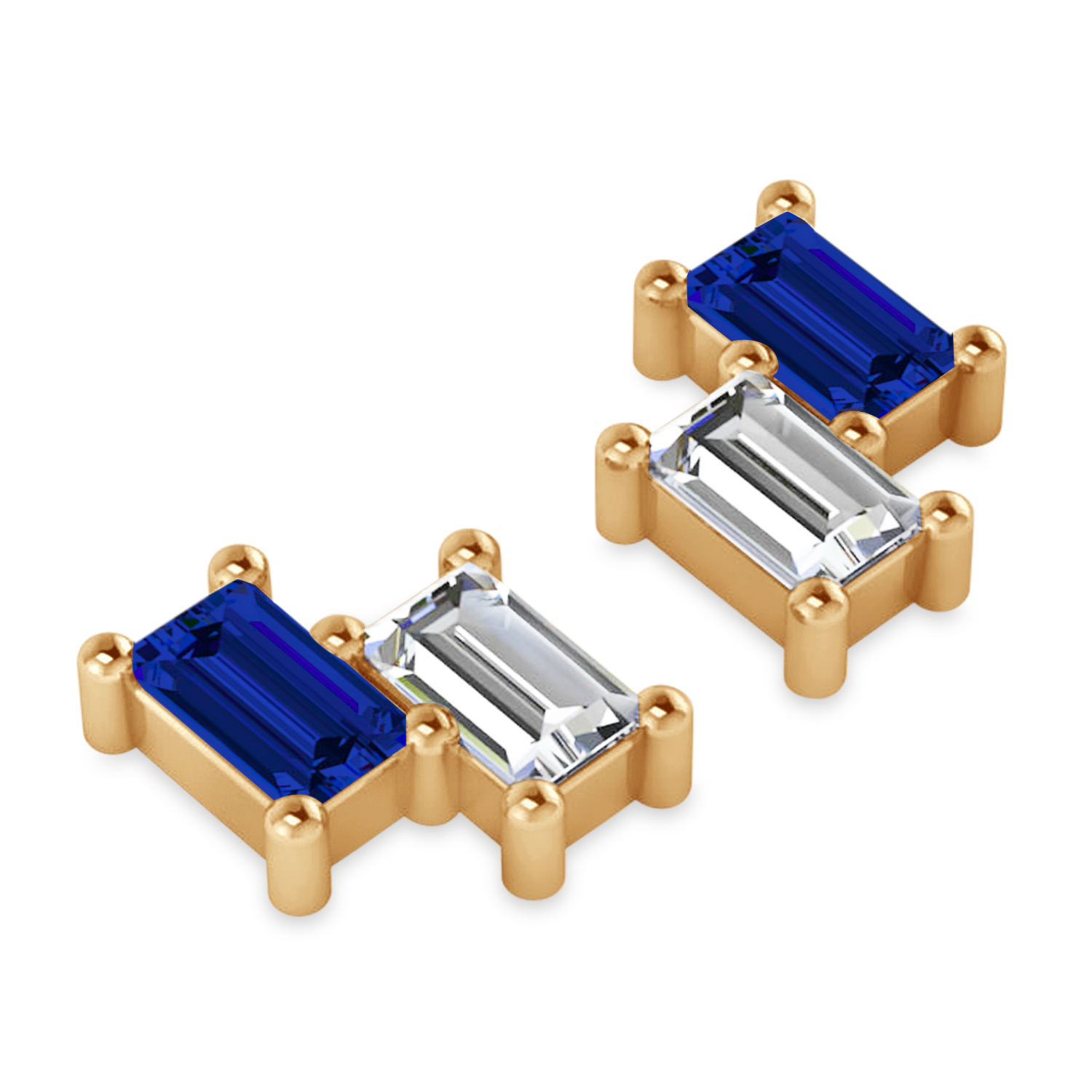 Bar Blue Sapphire & Diamond Baguette Earrings 14k Rose Gold (1.70 ctw)