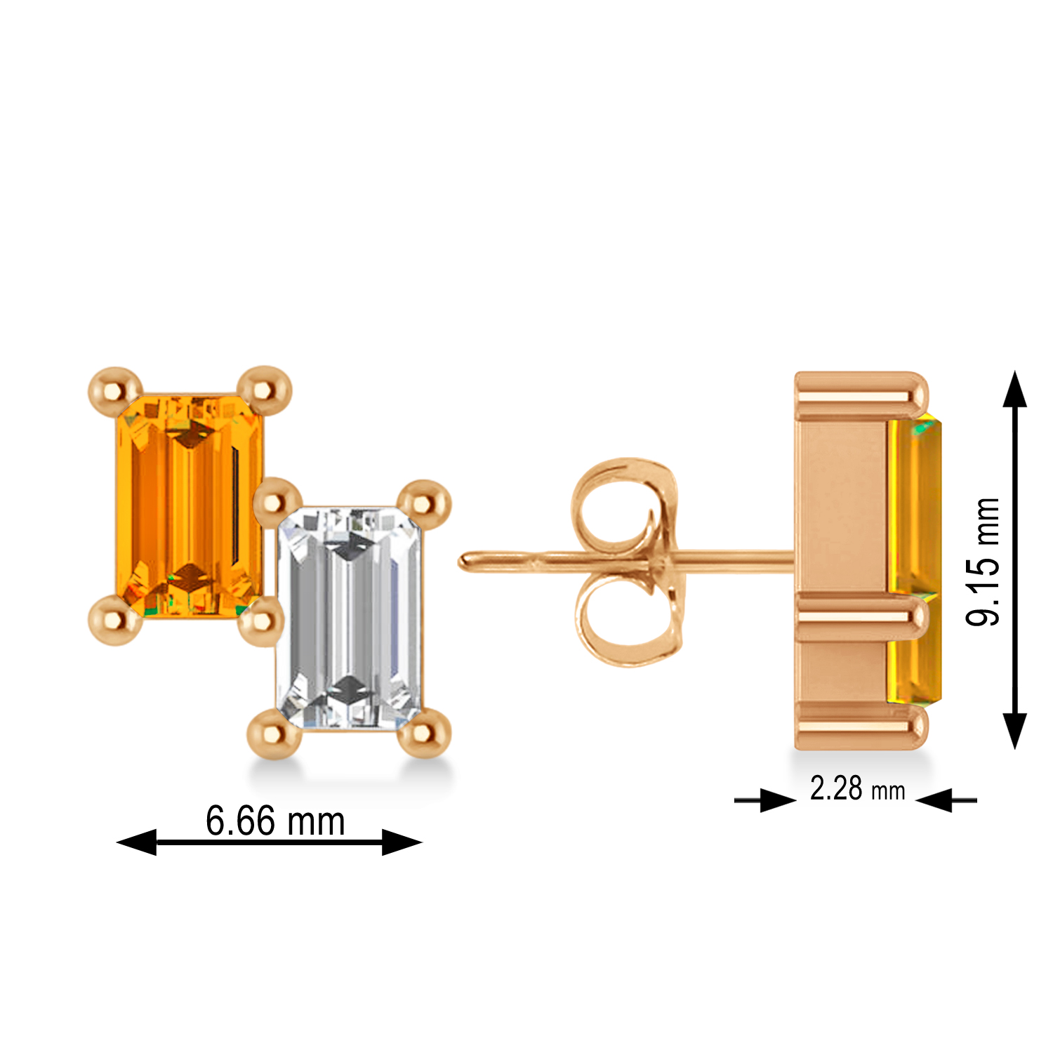 Bar Citrine & Diamond Baguette Earrings 14k Rose Gold (1.30 ctw)