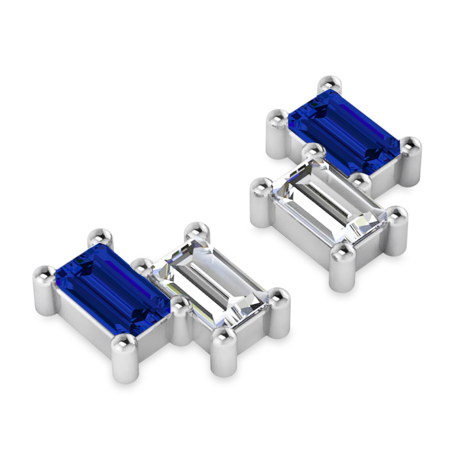 Bar Blue Sapphire & Diamond Baguette Earrings 14k White Gold (1.70 ctw)