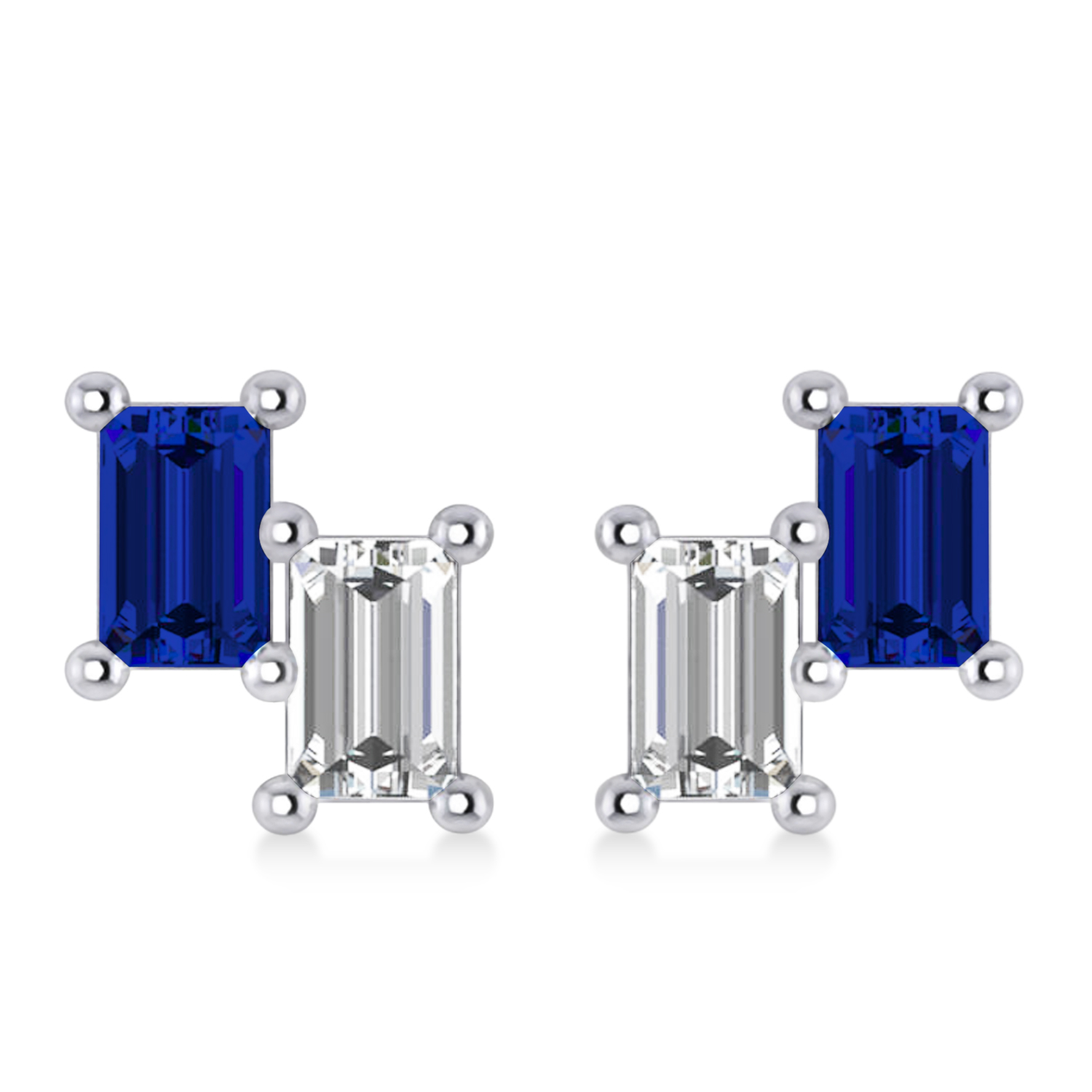 Bar Blue Sapphire & Diamond Baguette Earrings 14k White Gold (1.70 ctw)