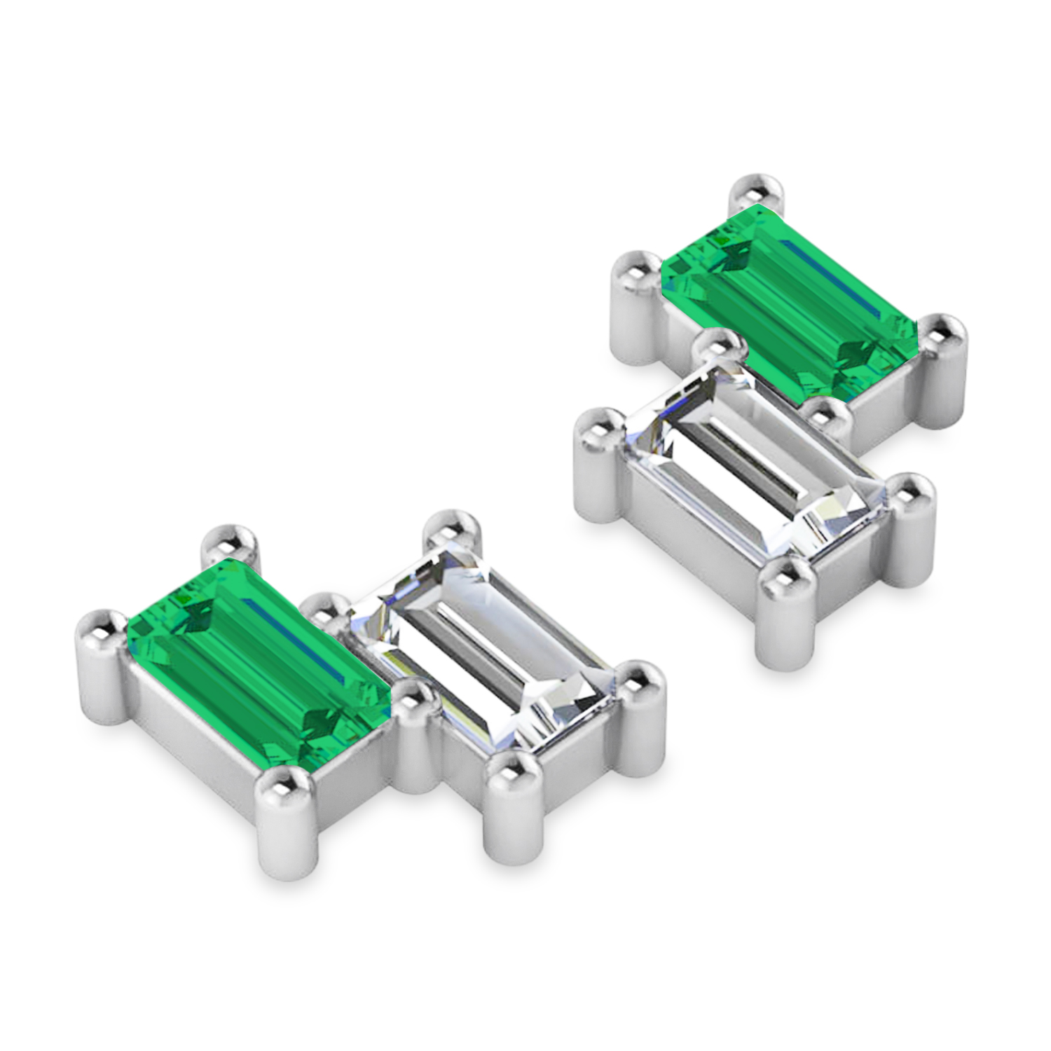 Bar Emerald & Diamond Baguette Earrings 14k White Gold (1.20 ctw)