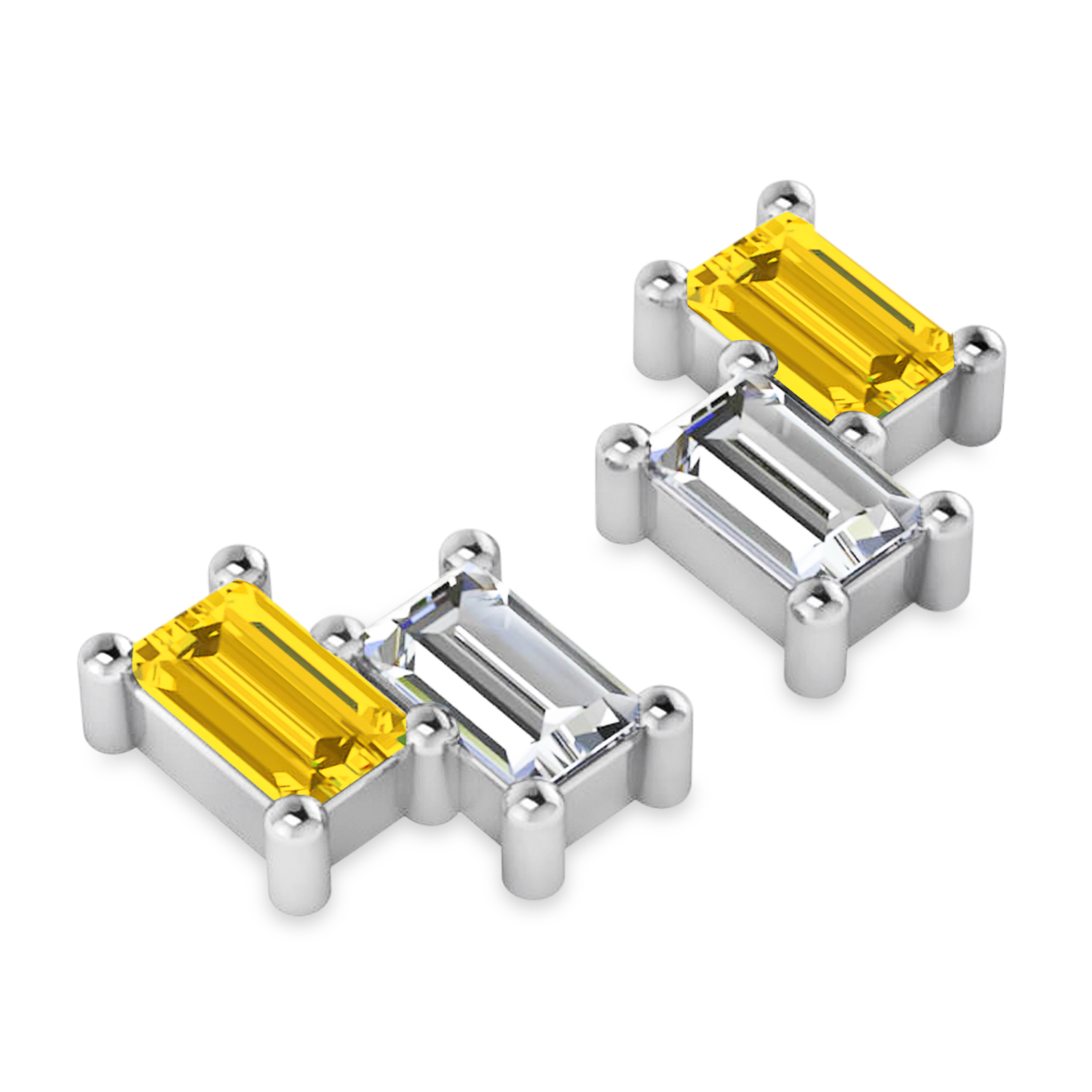 Bar Yellow Sapphire & Diamond Baguette Earrings 14k White Gold (1.70 ctw)