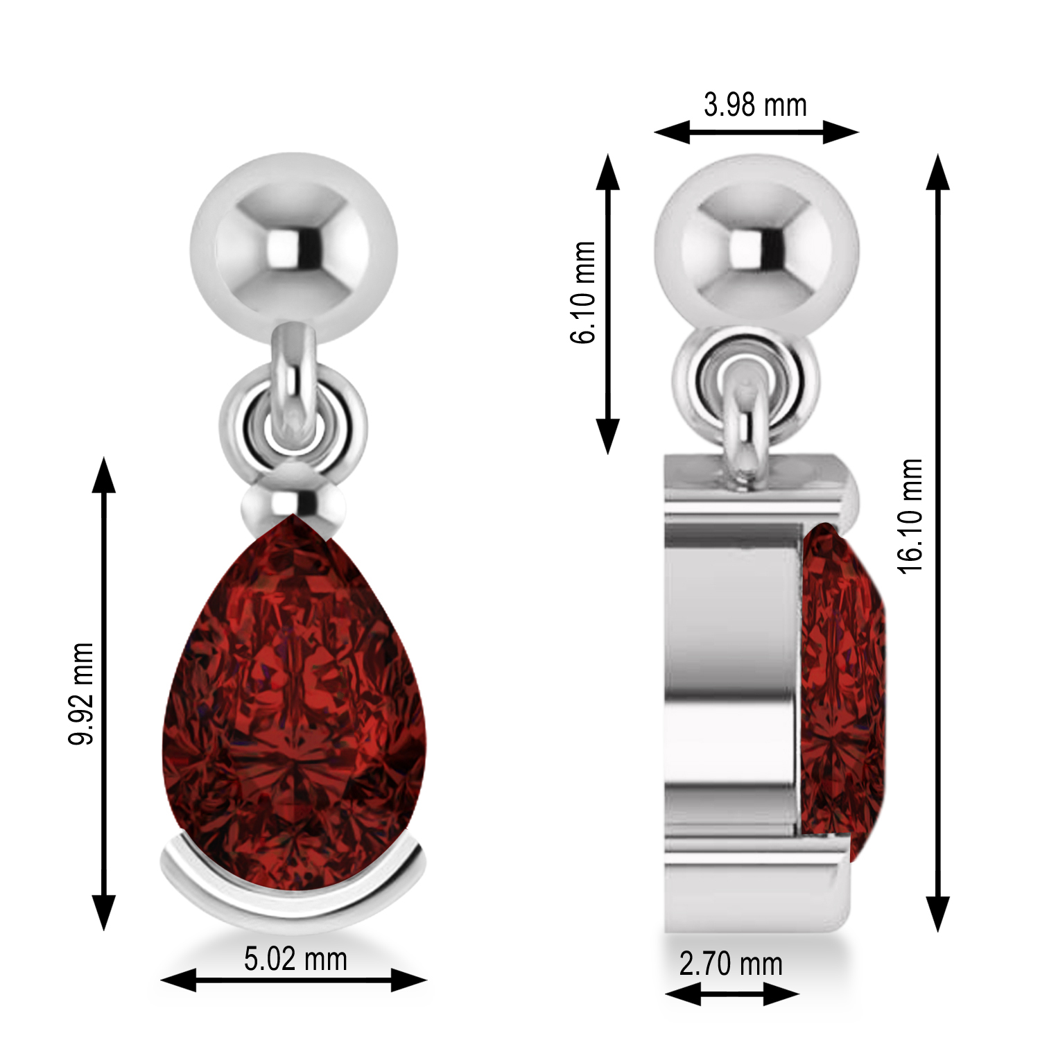Garnet Dangling Pear Earrings 14k White Gold (2.00ct)