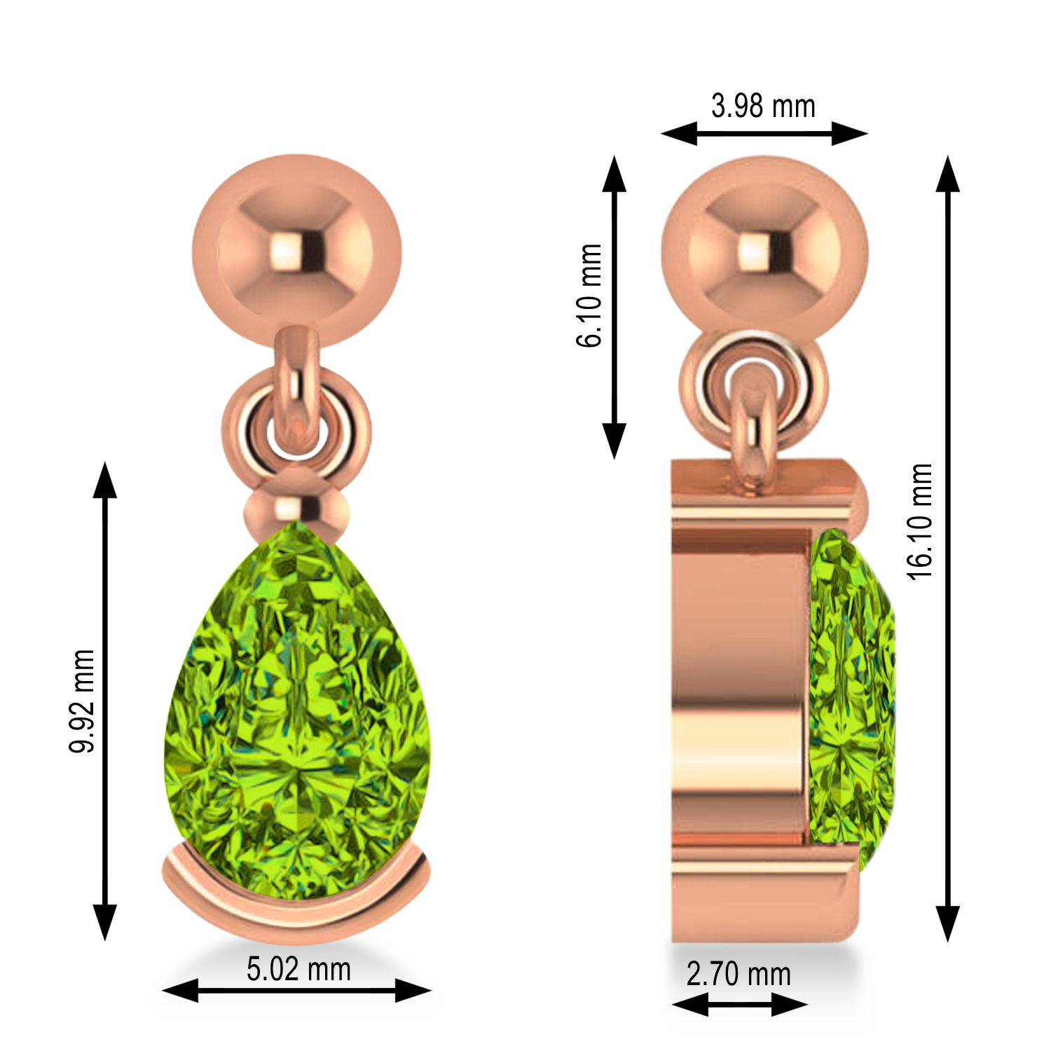 Peridot Dangling Pear Earrings 14k Rose Gold (2.00ct)