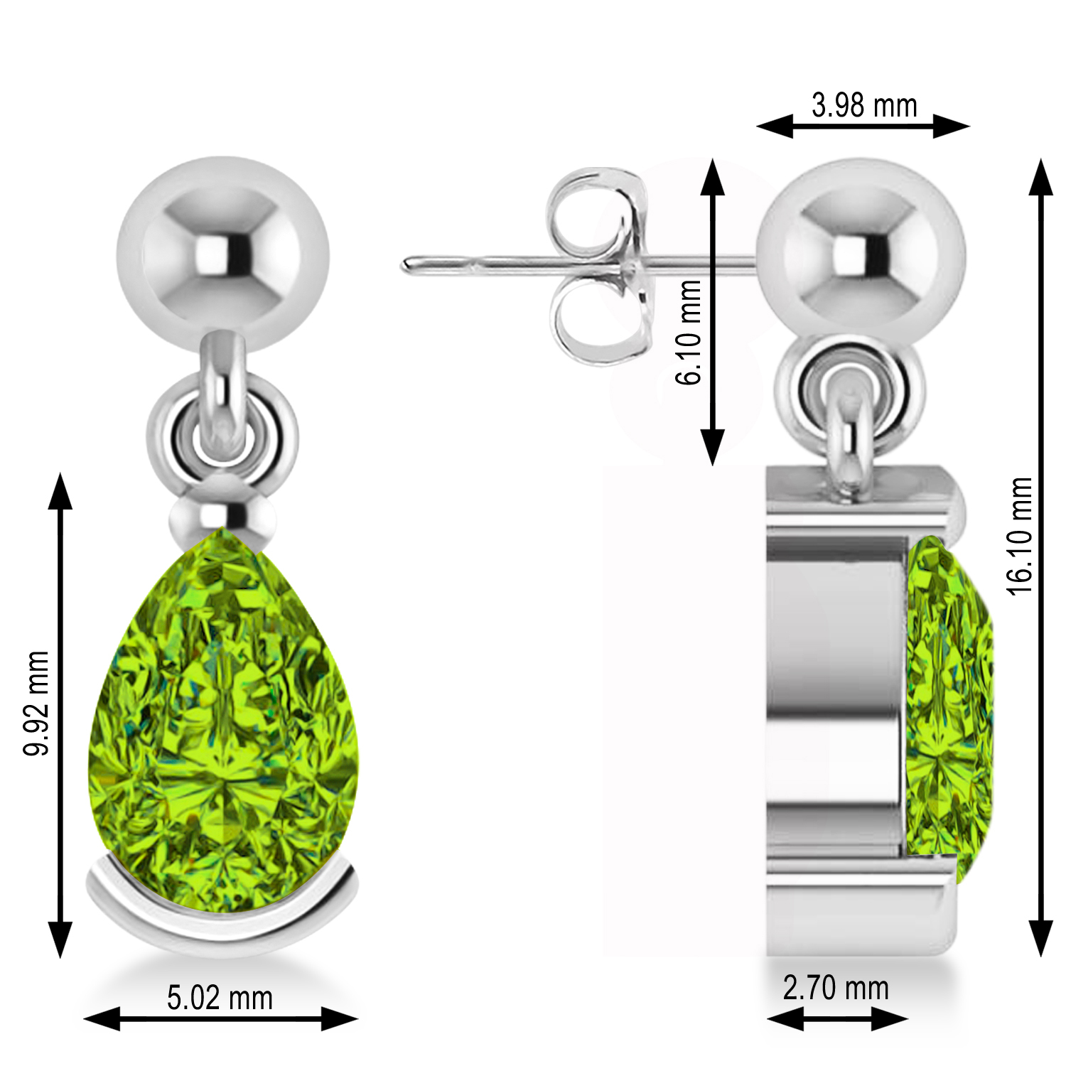 Peridot Dangling Pear Earrings 14k White Gold (2.00ct)