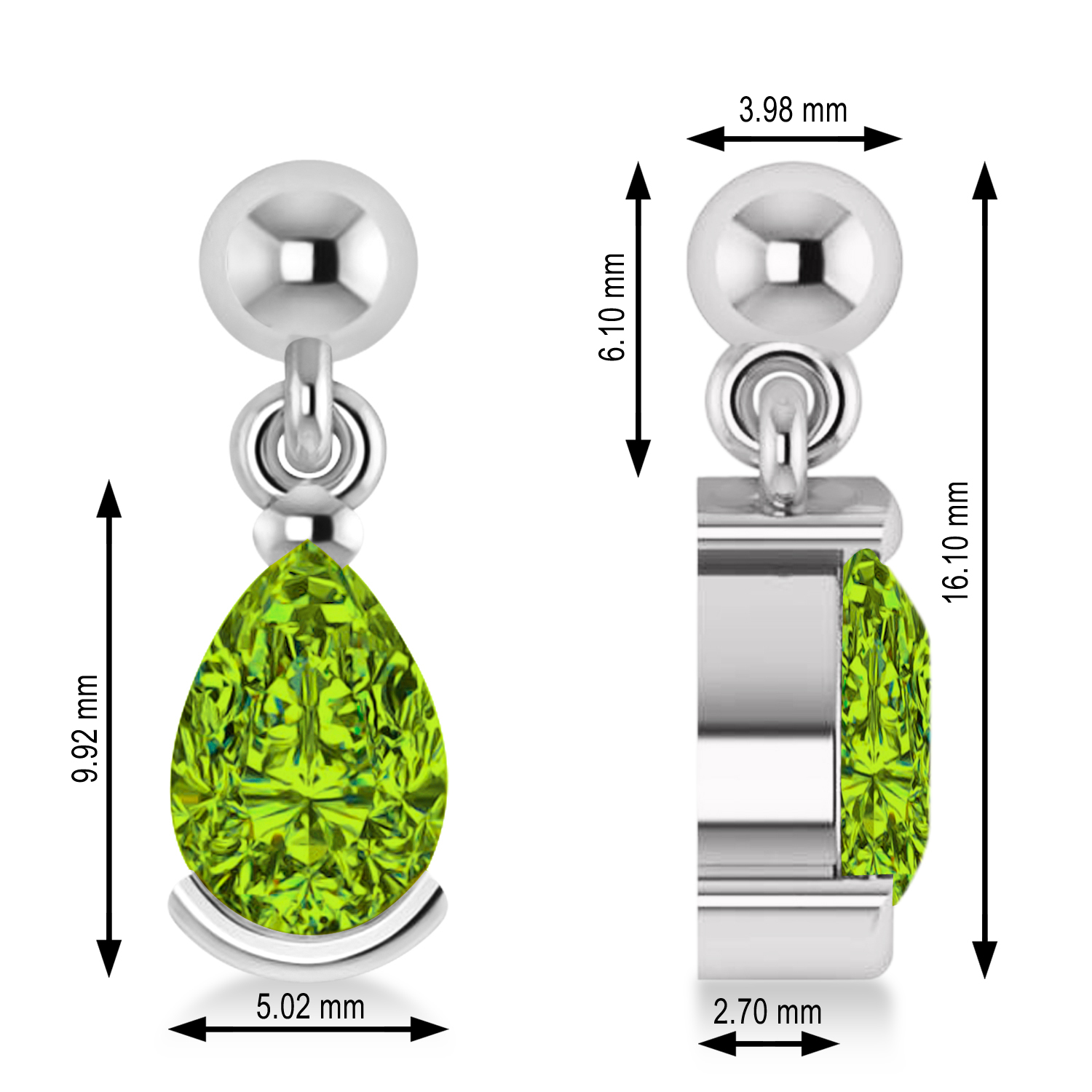 Peridot Dangling Pear Earrings 14k White Gold (2.00ct)