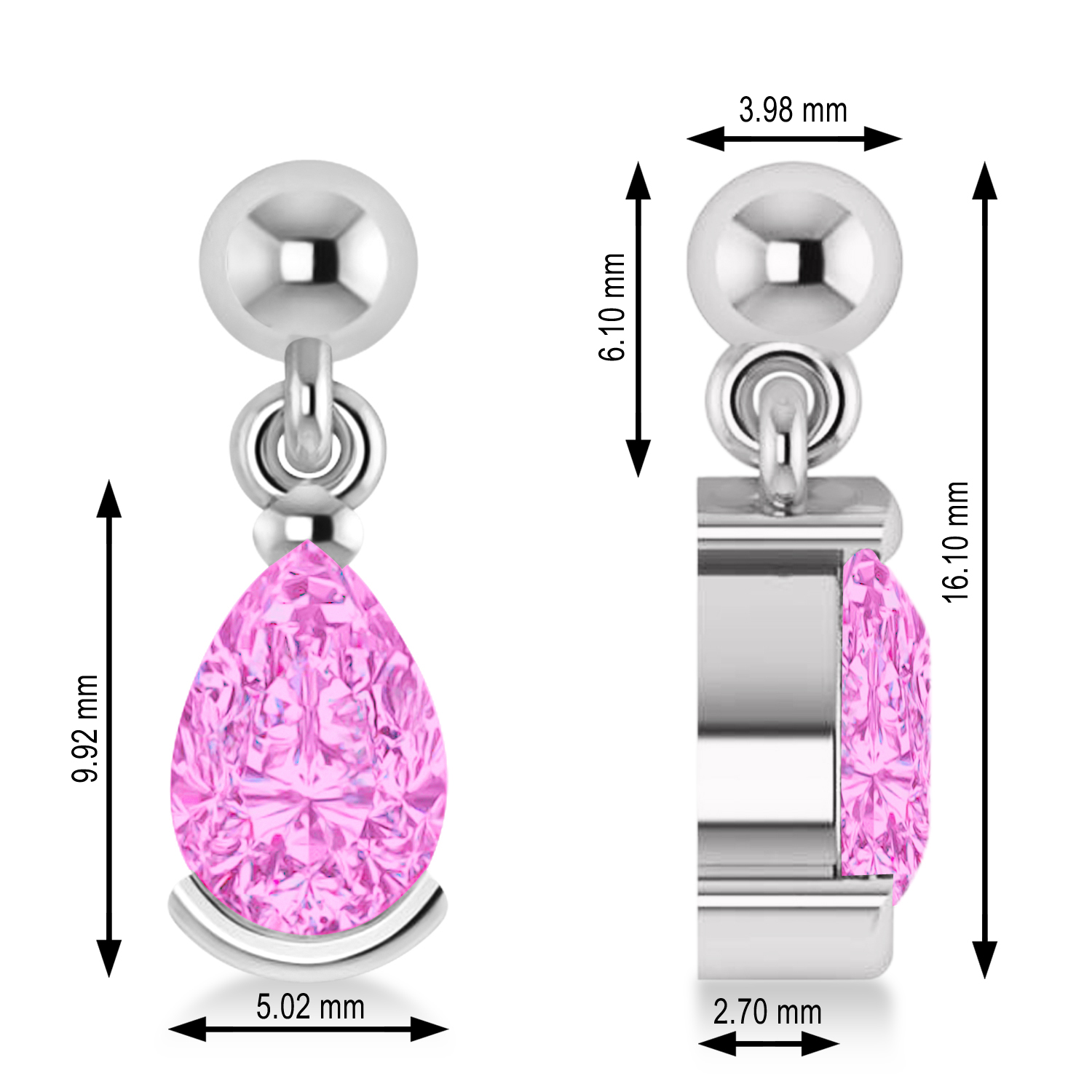 Pink Tourmaline Dangling Pear Earrings 14k White Gold (2.00ct)