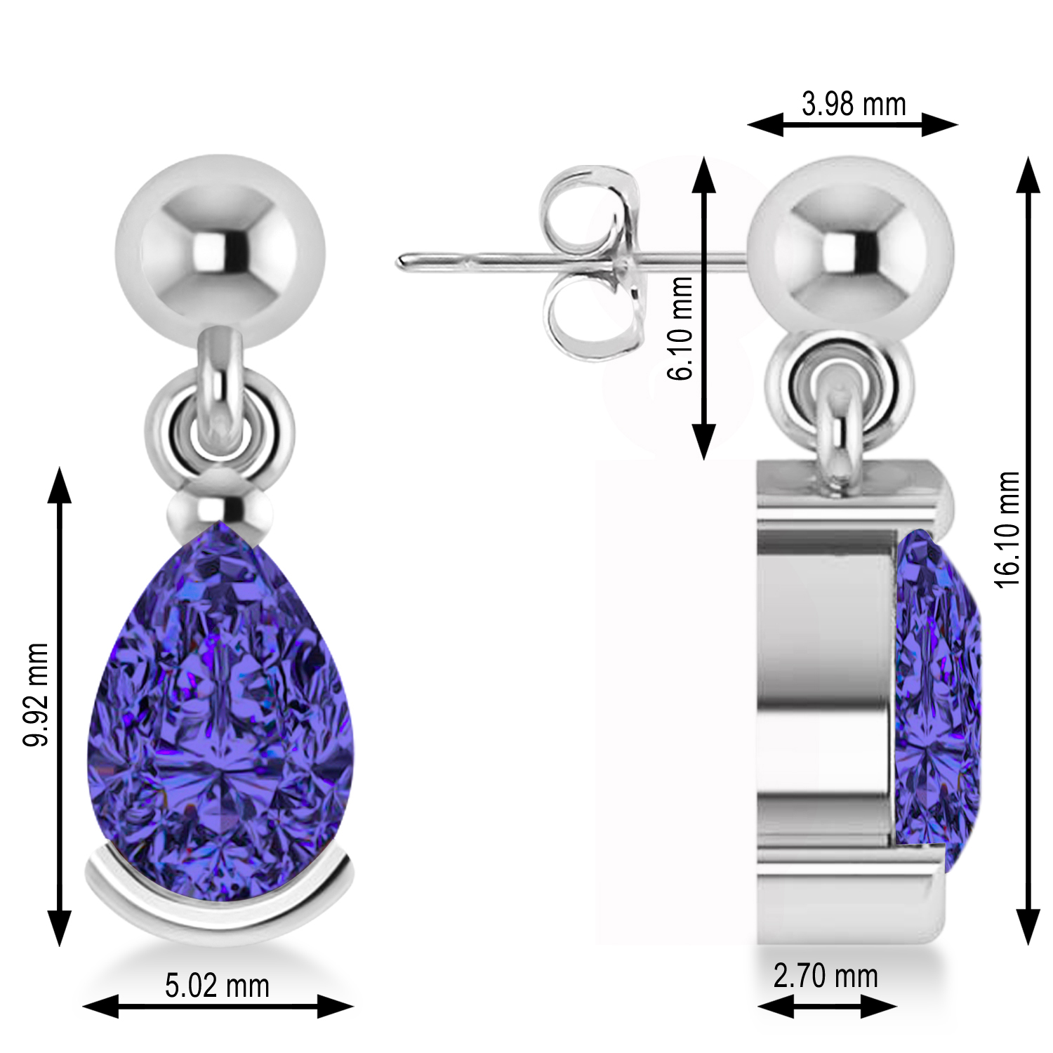 Tanzanite Dangling Pear Earrings 14k White Gold (2.00ct)