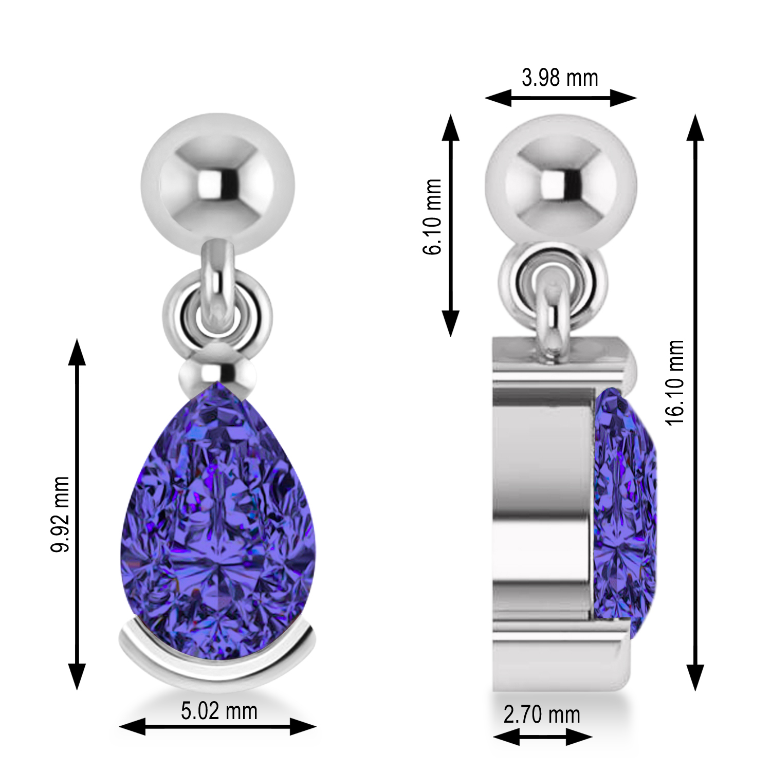 Tanzanite Dangling Pear Earrings 14k White Gold (2.00ct)