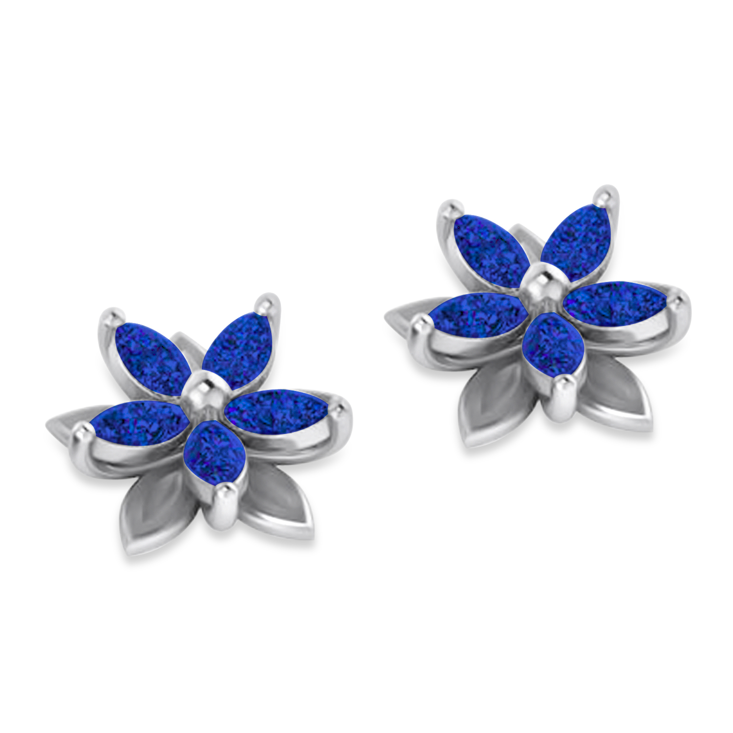 Blue Sapphire 5-Petal Flower Earrings 14k White Gold (1.40ct)