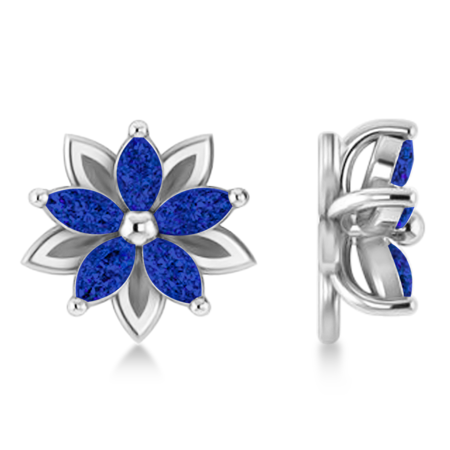 Blue Sapphire 5-Petal Flower Earrings 14k White Gold (1.40ct)