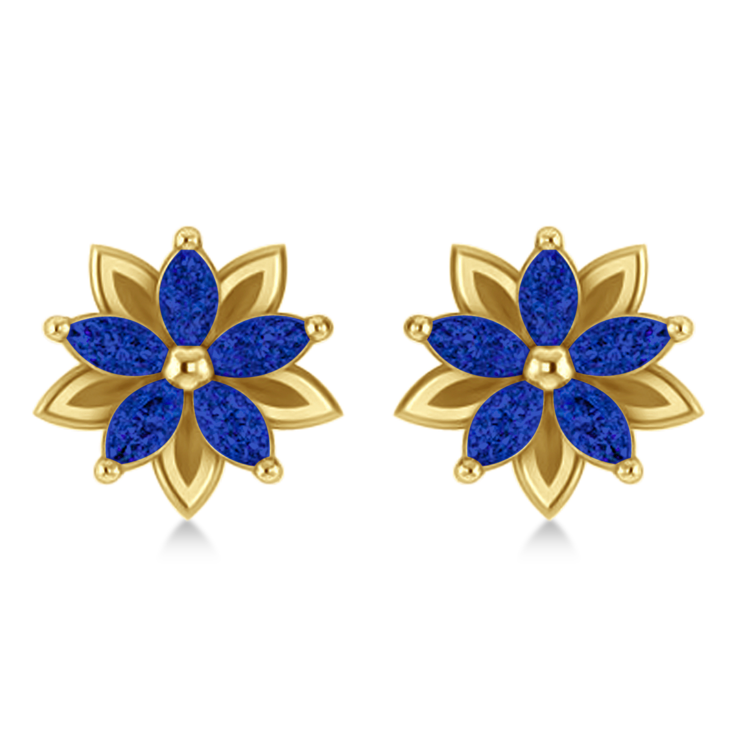 Blue Sapphire 5-Petal Flower Earrings 14k Yellow Gold (1.40ct)