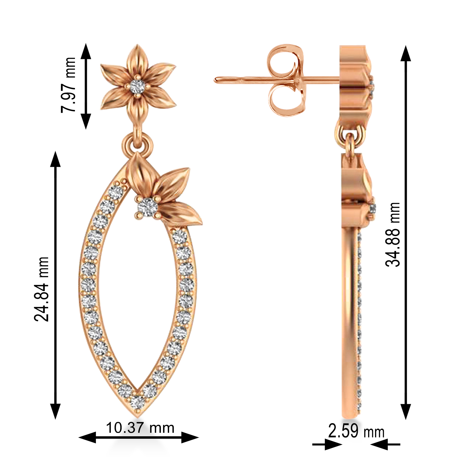 Diamond Flower Dangling Earrings 14k Rose Gold (0.58ct)