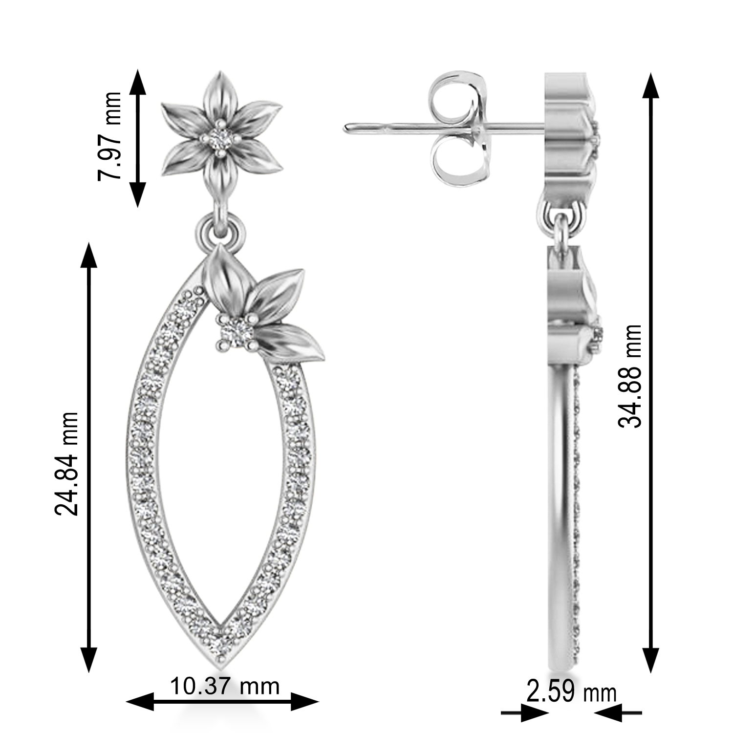 Diamond Flower Dangling Earrings 14k White Gold (0.58ct)