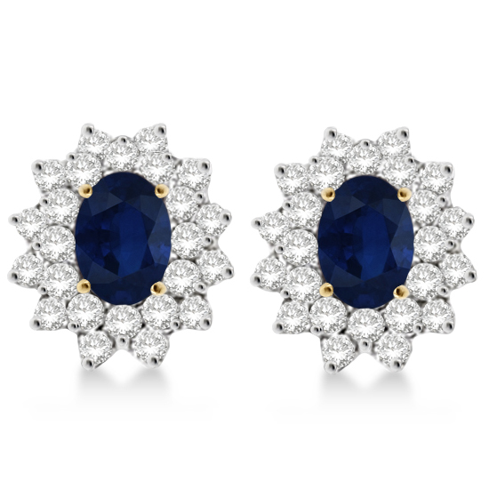 Diamond & Oval Cut Blue Sapphire Earrings 14k Yellow Gold (3.00ctw)