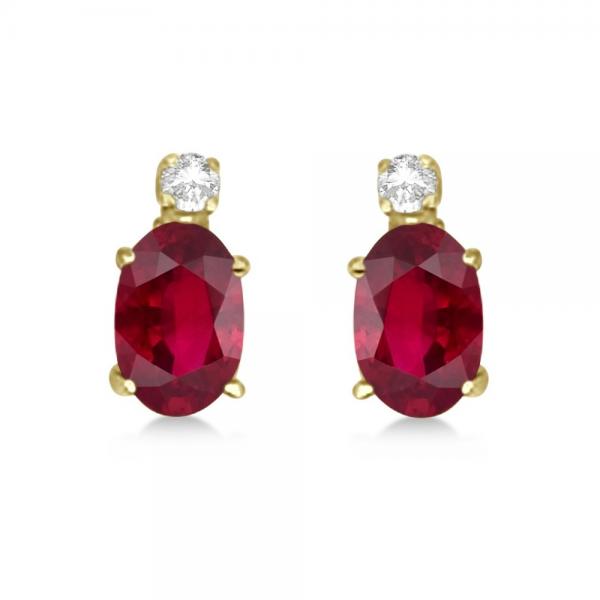 Oval Lab Ruby Stud Earrings with Lab Grown Diamonds 14k Yellow Gold (0.43ct)