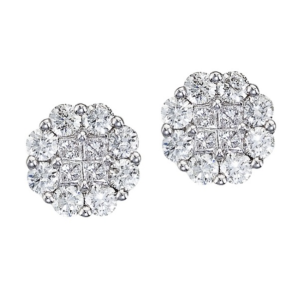 Diamond Clusters Flower Stud Earrings in 14k White Gold (1.50 ctw)