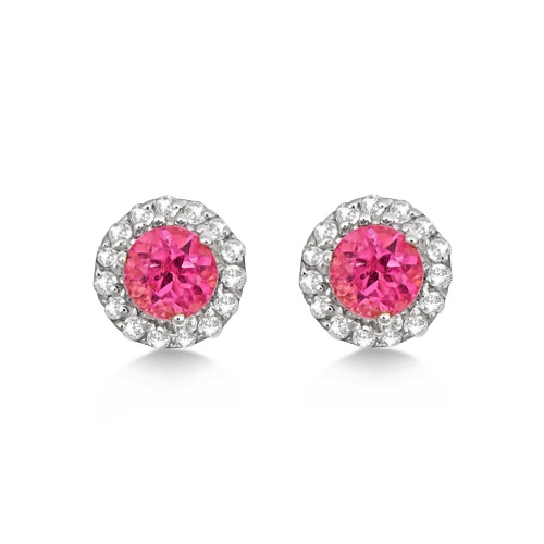 Halo Pink Tourmaline & Diamond Stud Earrings 14k White Gold (0.65ct)