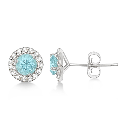 Round Halo Blue Zircon Diamond Stud Earrings 14k White Gold 0 90ct Round Halo Blue Zircon Diamond Stud Earrings 14k White Gold