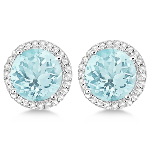Round Aquamarine & Diamond Halo Stud Earrings Sterling Silver 2.66ct