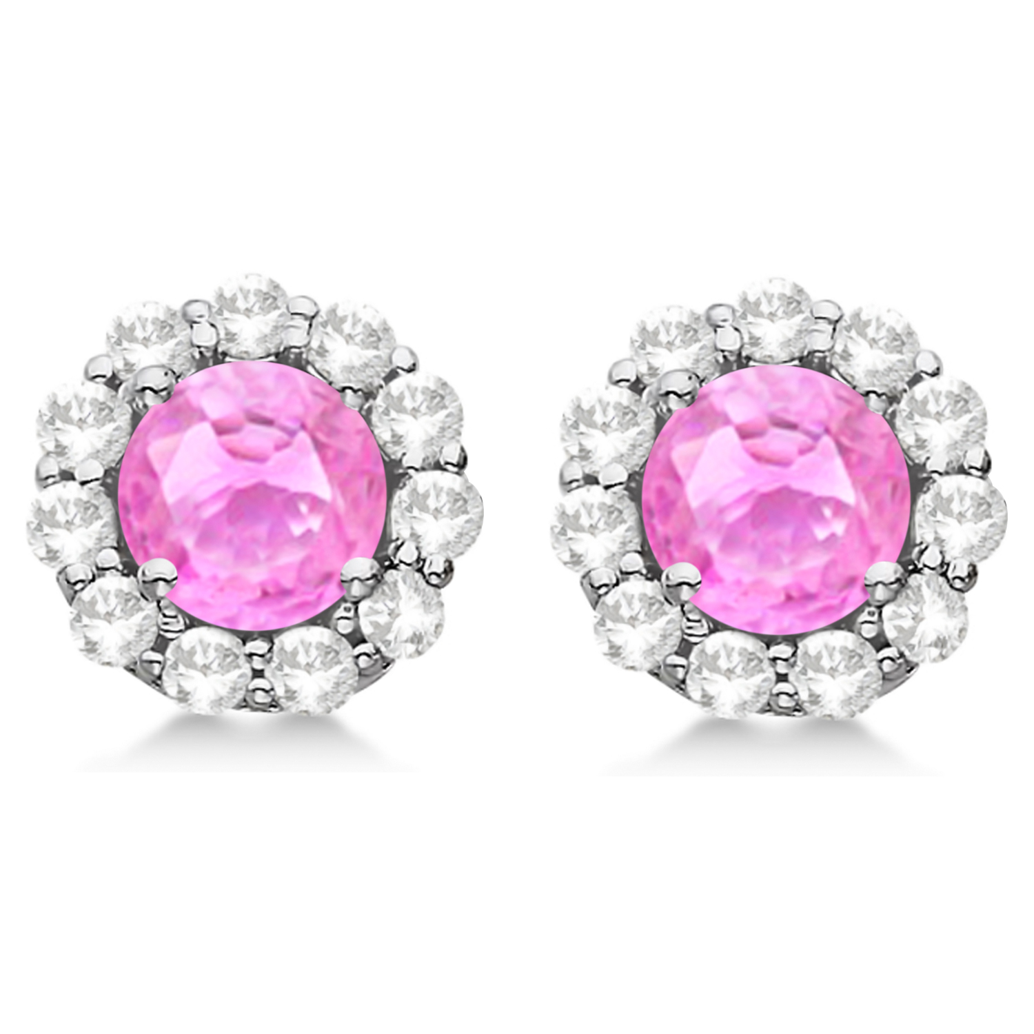 Halo Pink Sapphire & Diamond Stud Earrings 14kt White Gold 2.62ct.