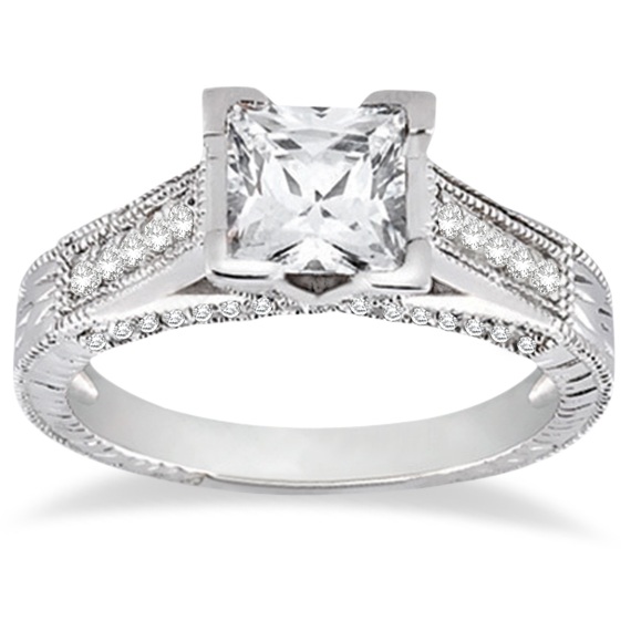 Antique Style Square Diamond Engagement Ring 14K White Gold (0.42ctw)
