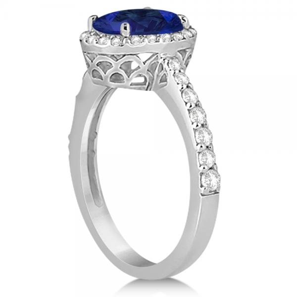 Oval Halo Blue Sapphire Engagement Ring Setting 14k White Gold (3.29ct)