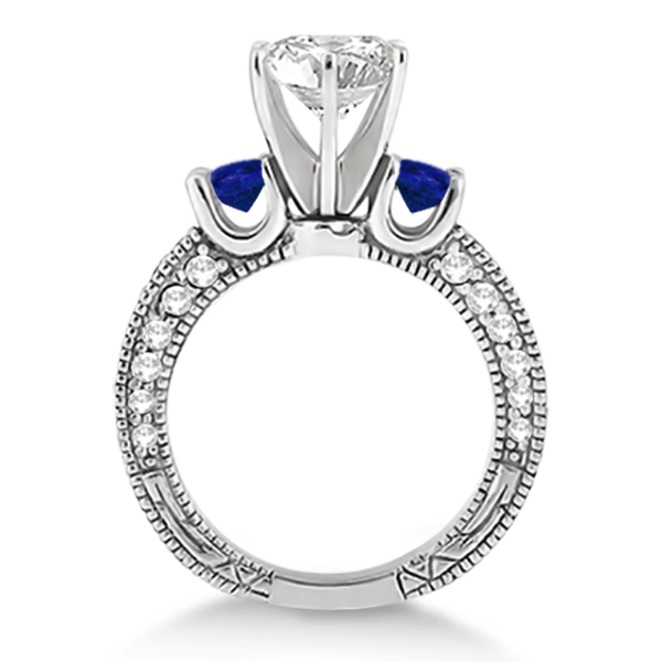 Lab Blue Sapphire & Lab Diamond 3-Stone Engagement Ring 14k White Gold 1.06ct