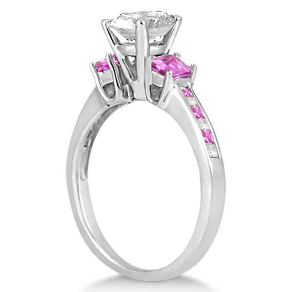 Princess Cut Diamond & Pink Sapphire Engagement Ring 14k W Gold 0.68ct