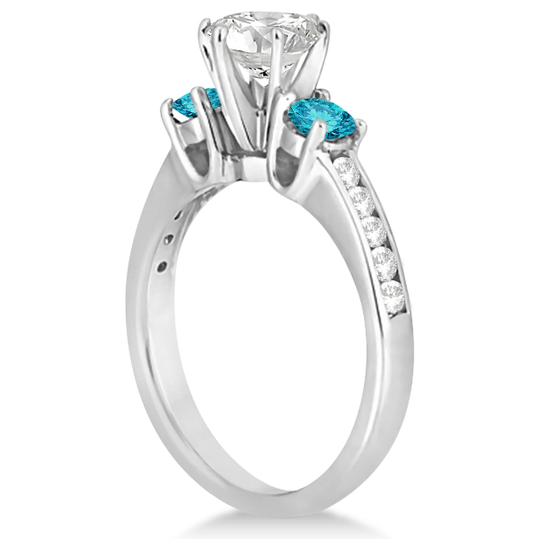 3 Stone White & Blue Diamond Engagement Ring 14K White Gold