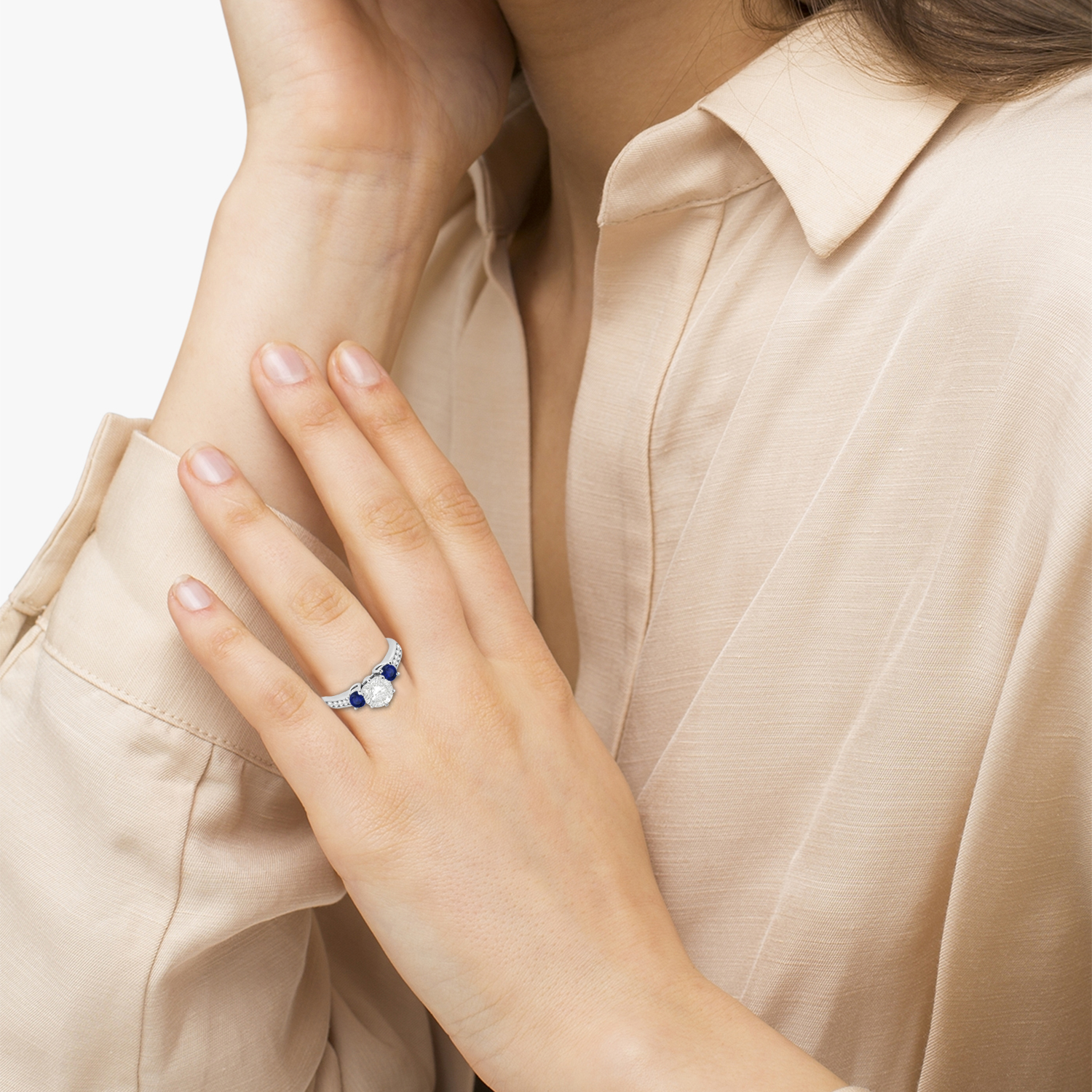 Three-Stone Sapphire & Diamond Engagement Ring 14k White Gold (0.60ct)