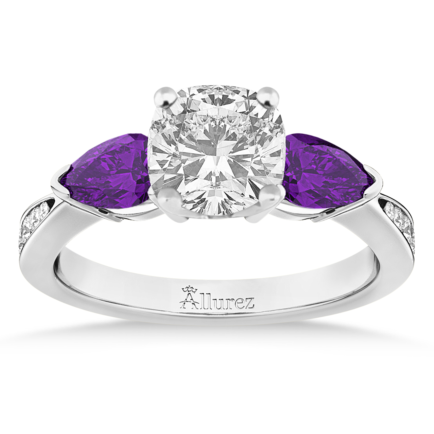 Cushion Diamond & Pear Amethyst Engagement Ring 14k White Gold (1.29ct)