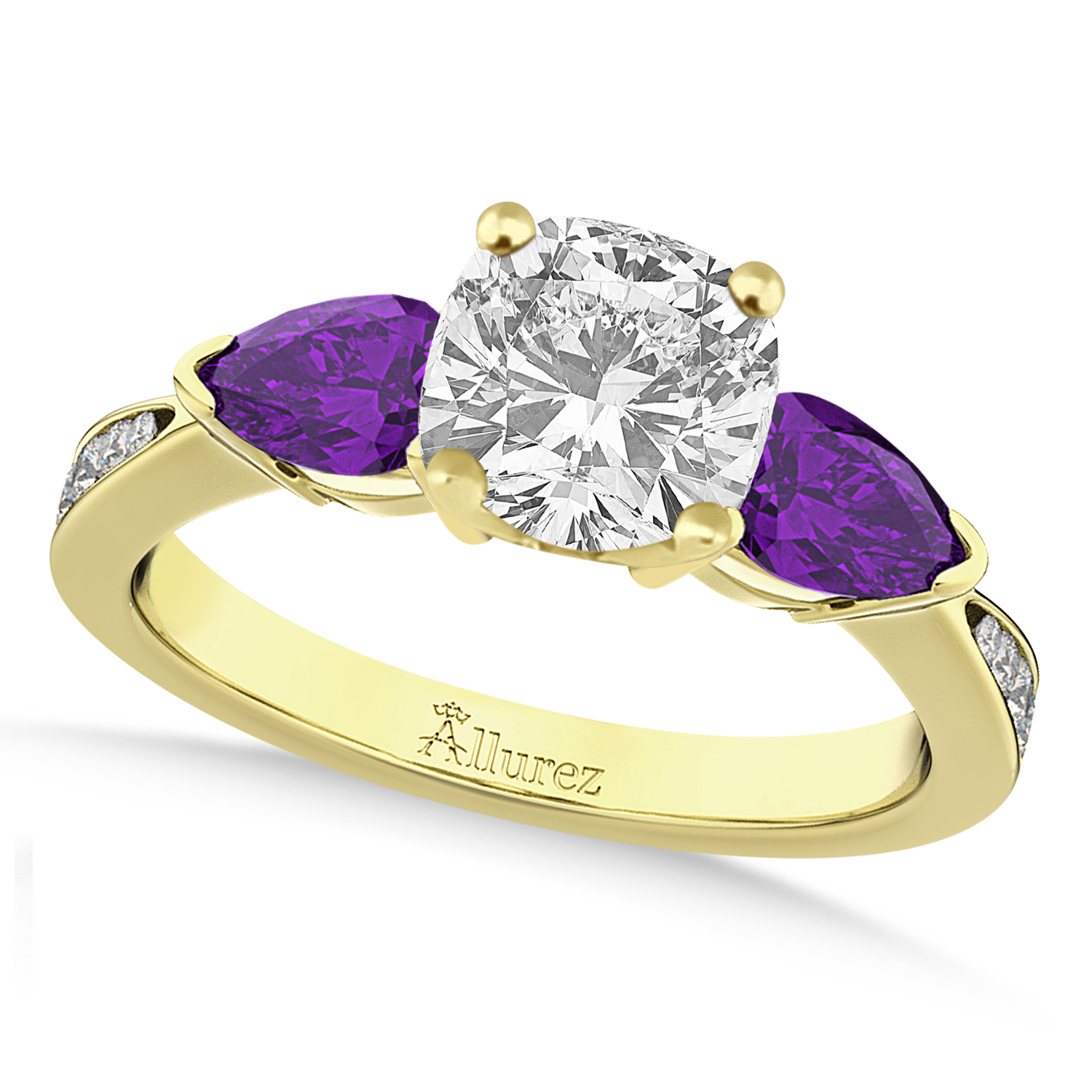 Cushion Diamond & Pear Amethyst Engagement Ring 18k Yellow Gold (1.29ct)