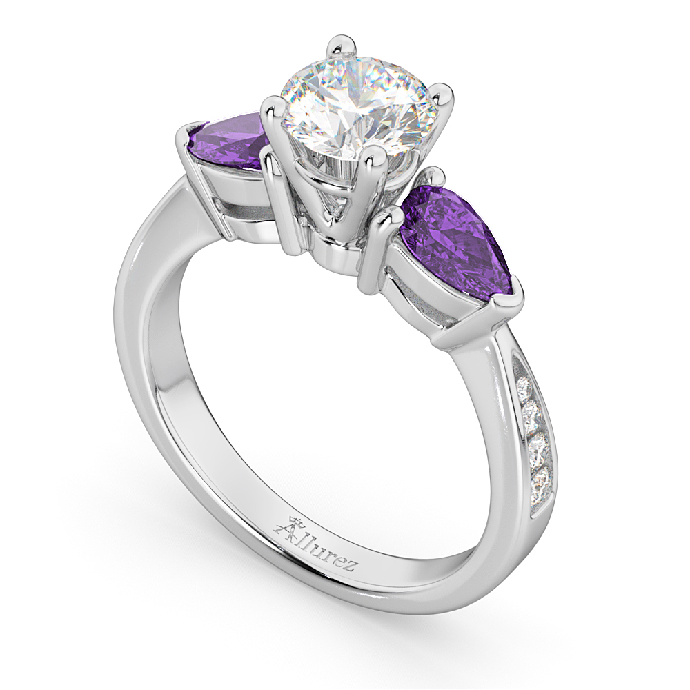 Round Diamond & Pear Amethyst Engagement Ring 14k White Gold (1.29ct)