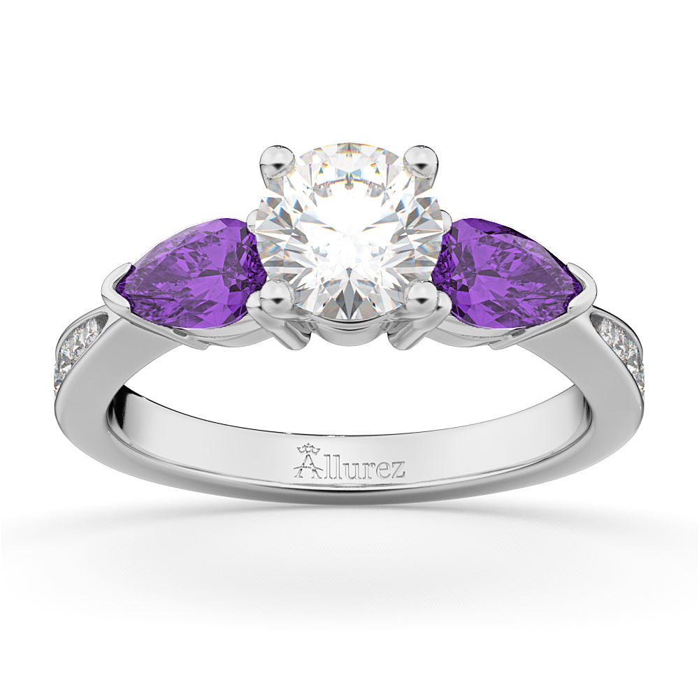 Round Diamond & Pear Amethyst Engagement Ring 18k White Gold (1.79ct)