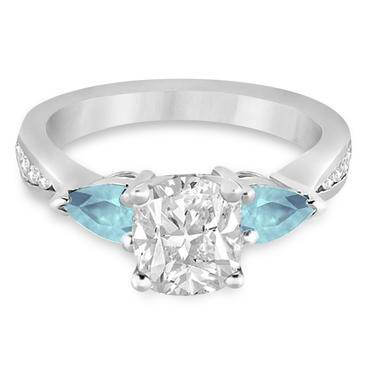 Cushion Diamond & Pear Aquamarine Engagement Ring 14k White Gold (1.29ct)