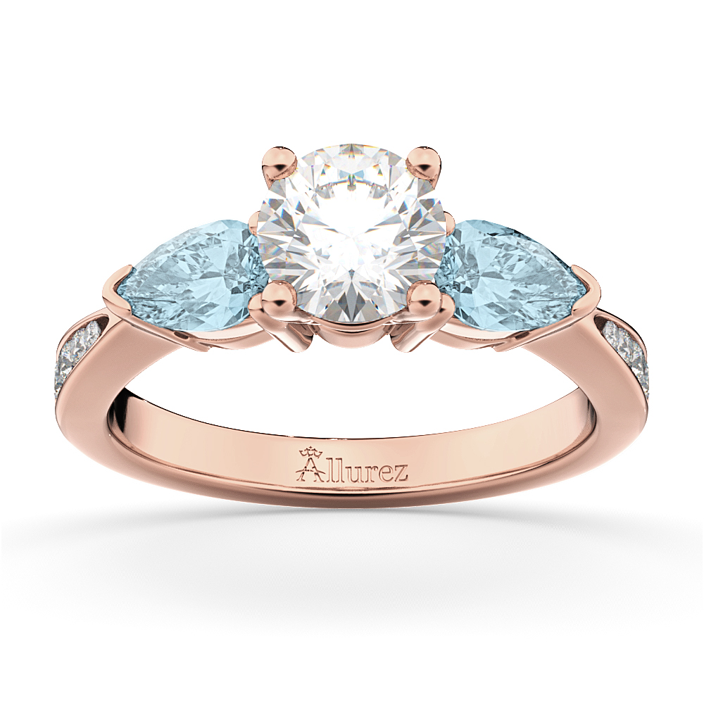 Round Diamond & Pear Aquamarine Engagement Ring 14k Rose Gold (1.79ct)