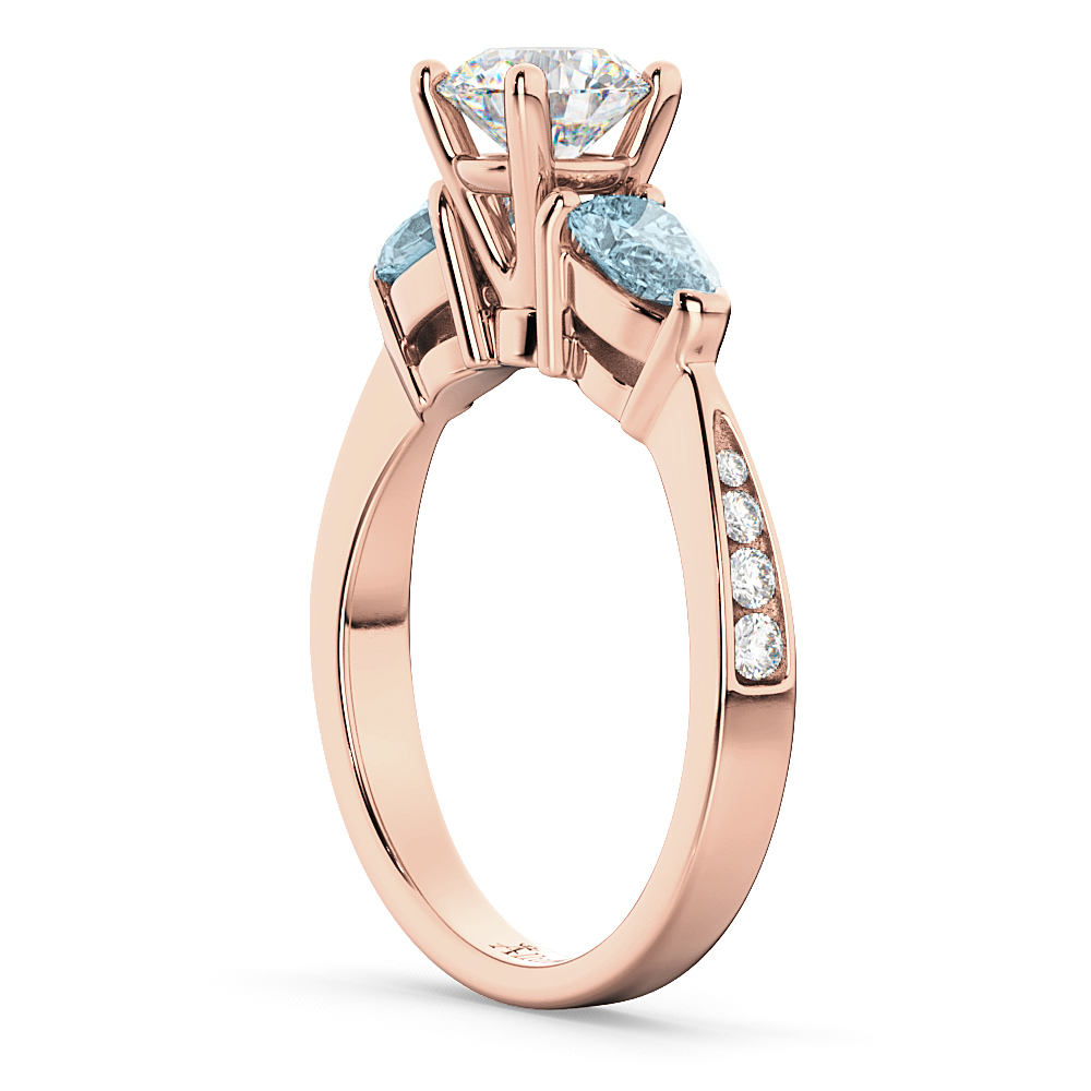 Round Diamond & Pear Aquamarine Engagement Ring 14k Rose Gold (1.79ct)