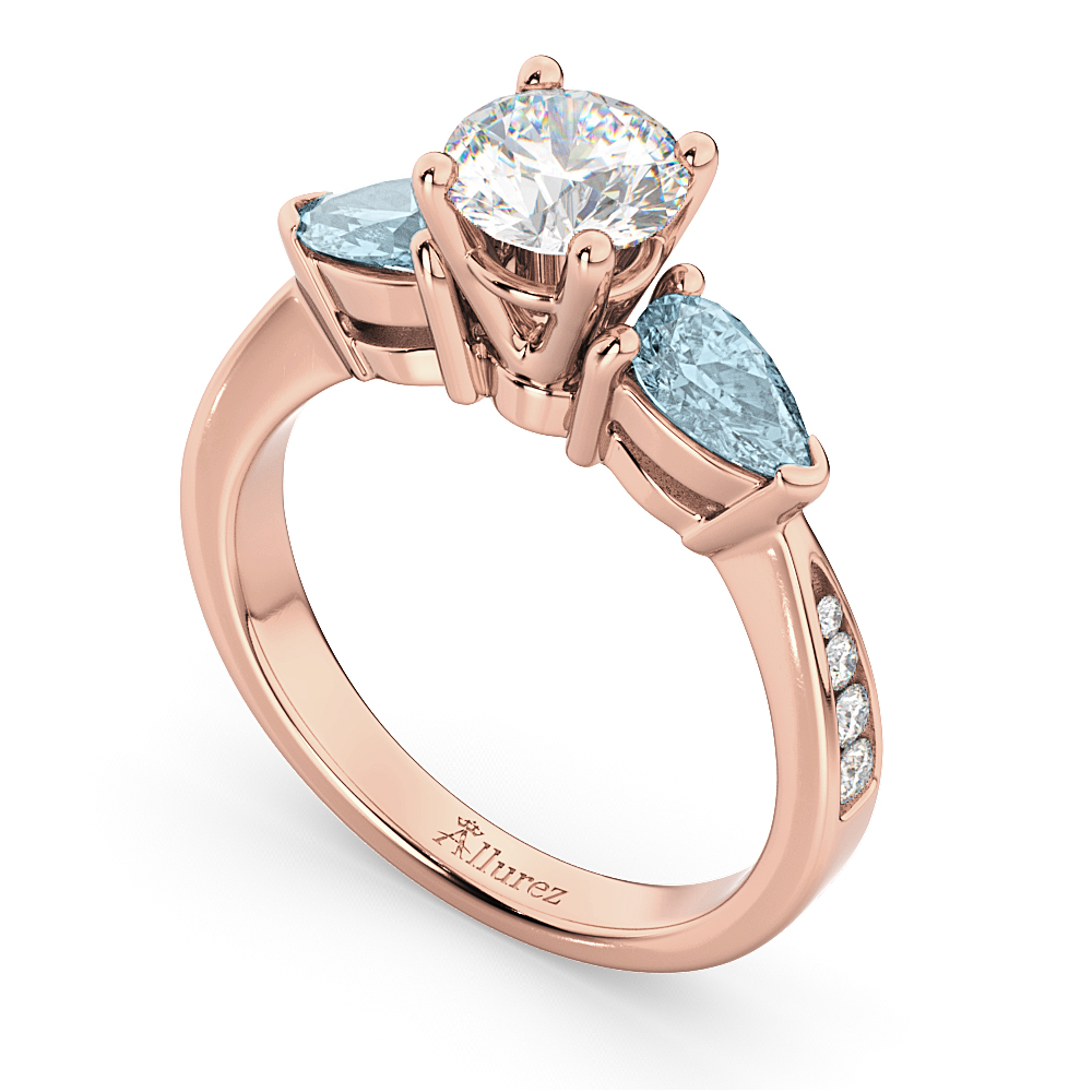 Round Diamond & Pear Aquamarine Engagement Ring 14k Rose Gold (1.79ct)
