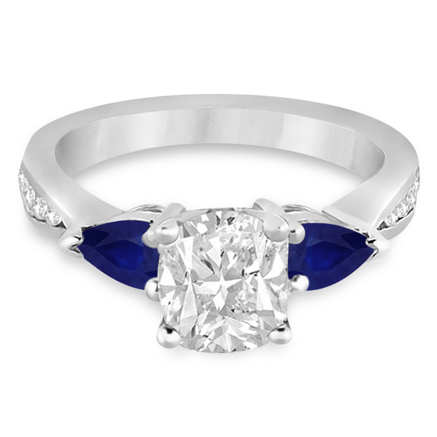 Cushion Diamond & Pear Blue Sapphire Engagement Ring 18k White Gold (1.29ct)
