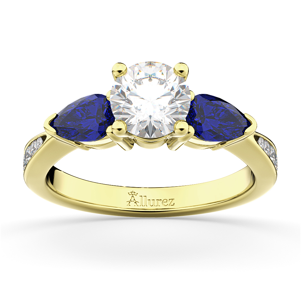Round Diamond & Pear Blue Sapphire Engagement Ring 18k Yellow Gold (1.29ct)