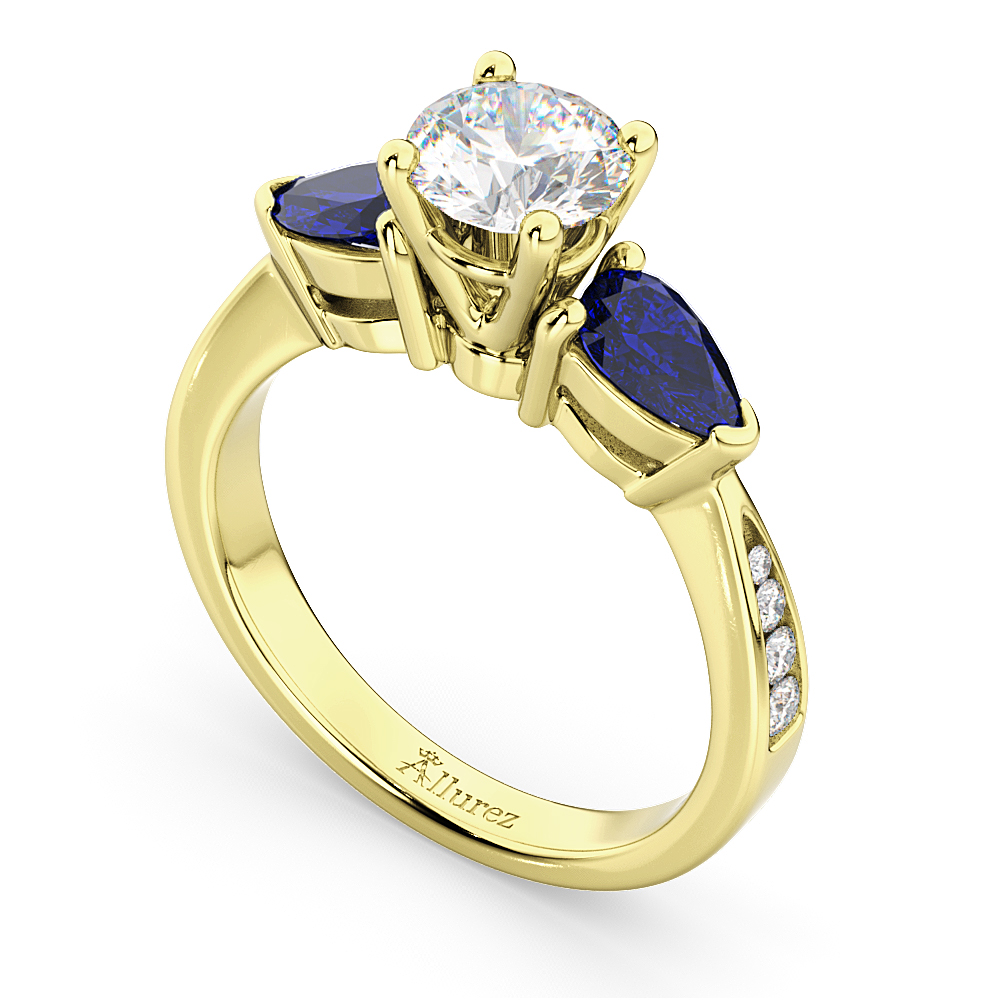 Round Diamond & Pear Blue Sapphire Engagement Ring 18k Yellow Gold (1.29ct)