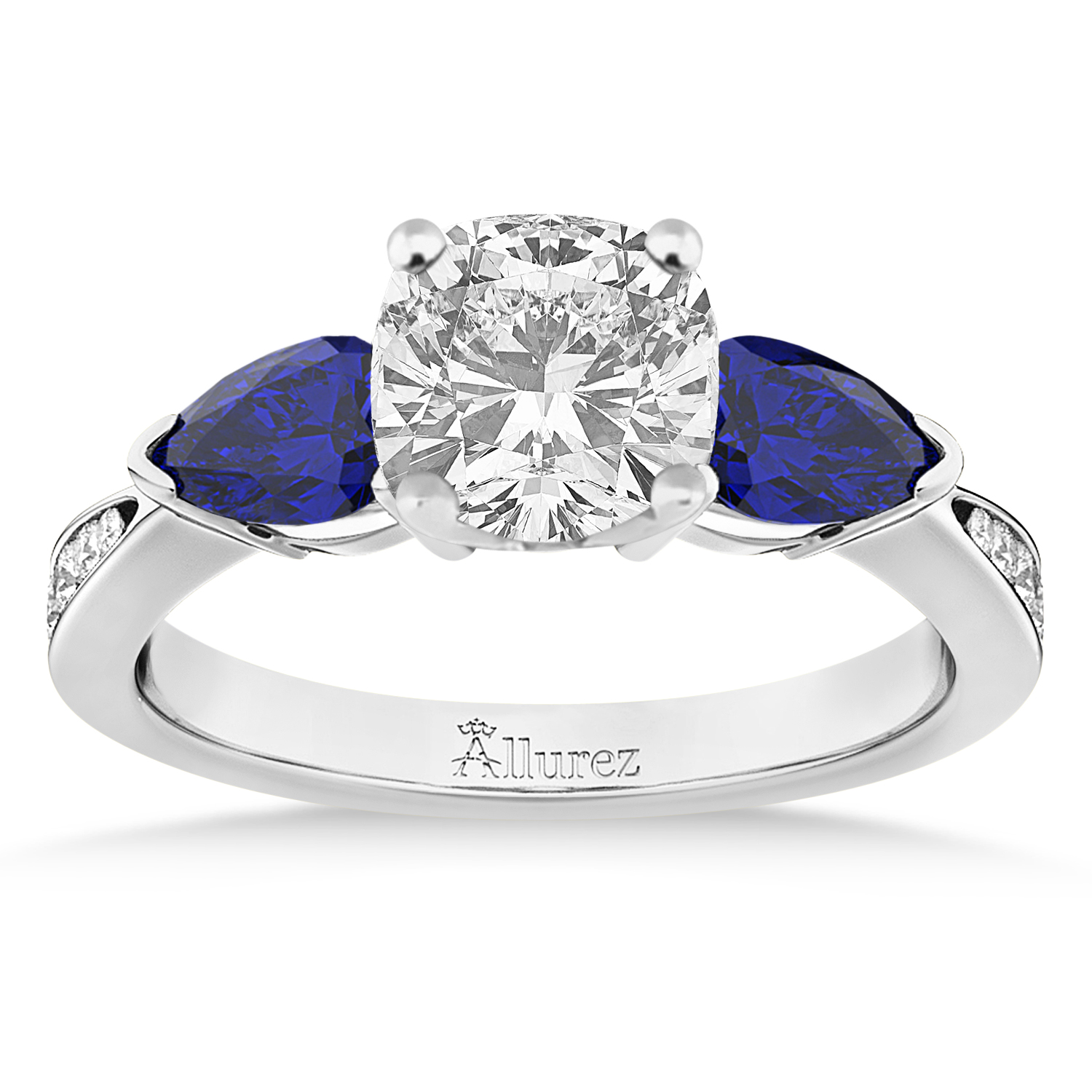 Cushion Diamond & Pear Blue Sapphire Engagement Ring 14k White Gold (1.79ct)