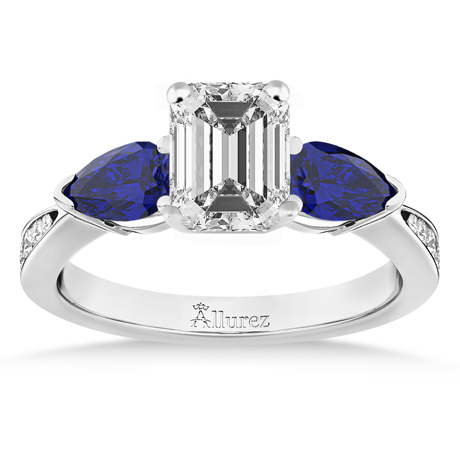 Emerald Diamond & Pear Blue Sapphire Engagement Ring 14k White Gold (1.79ct)