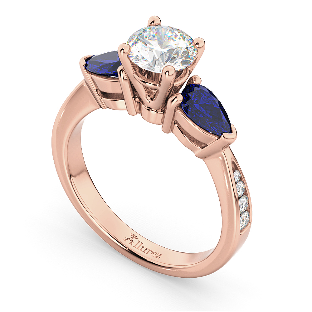 Round Diamond & Pear Blue Sapphire Engagement Ring 14k Rose Gold (1.79ct)