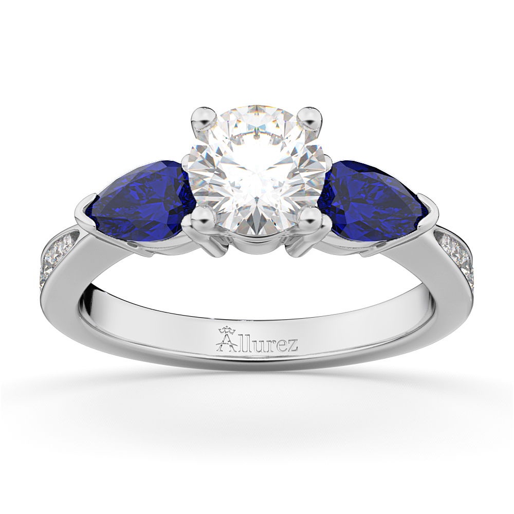 Round Diamond & Pear Blue Sapphire Engagement Ring 14k White Gold (1.79ct)