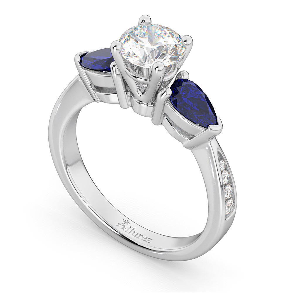Round Diamond & Pear Blue Sapphire Engagement Ring 18k White Gold (1.79ct)