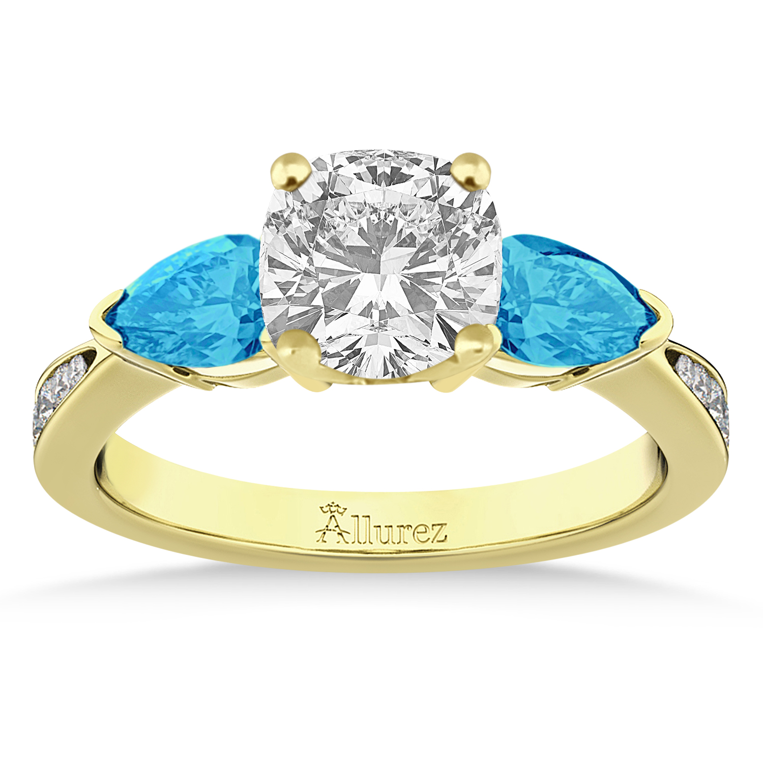 Cushion Diamond & Pear Blue Topaz Engagement Ring 14k Yellow Gold (1.29ct)