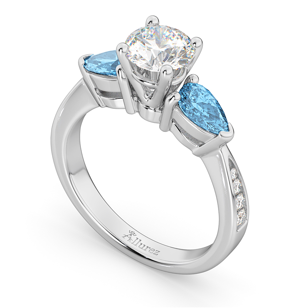 Round Diamond & Pear Blue Topaz Engagement Ring 18k White Gold (1.79ct)